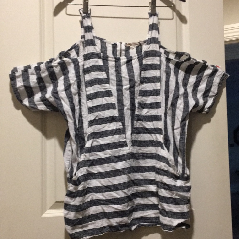 Soft Surroundings Linen blend Tunic Striped Cold Shoulder Top pockets size PL
